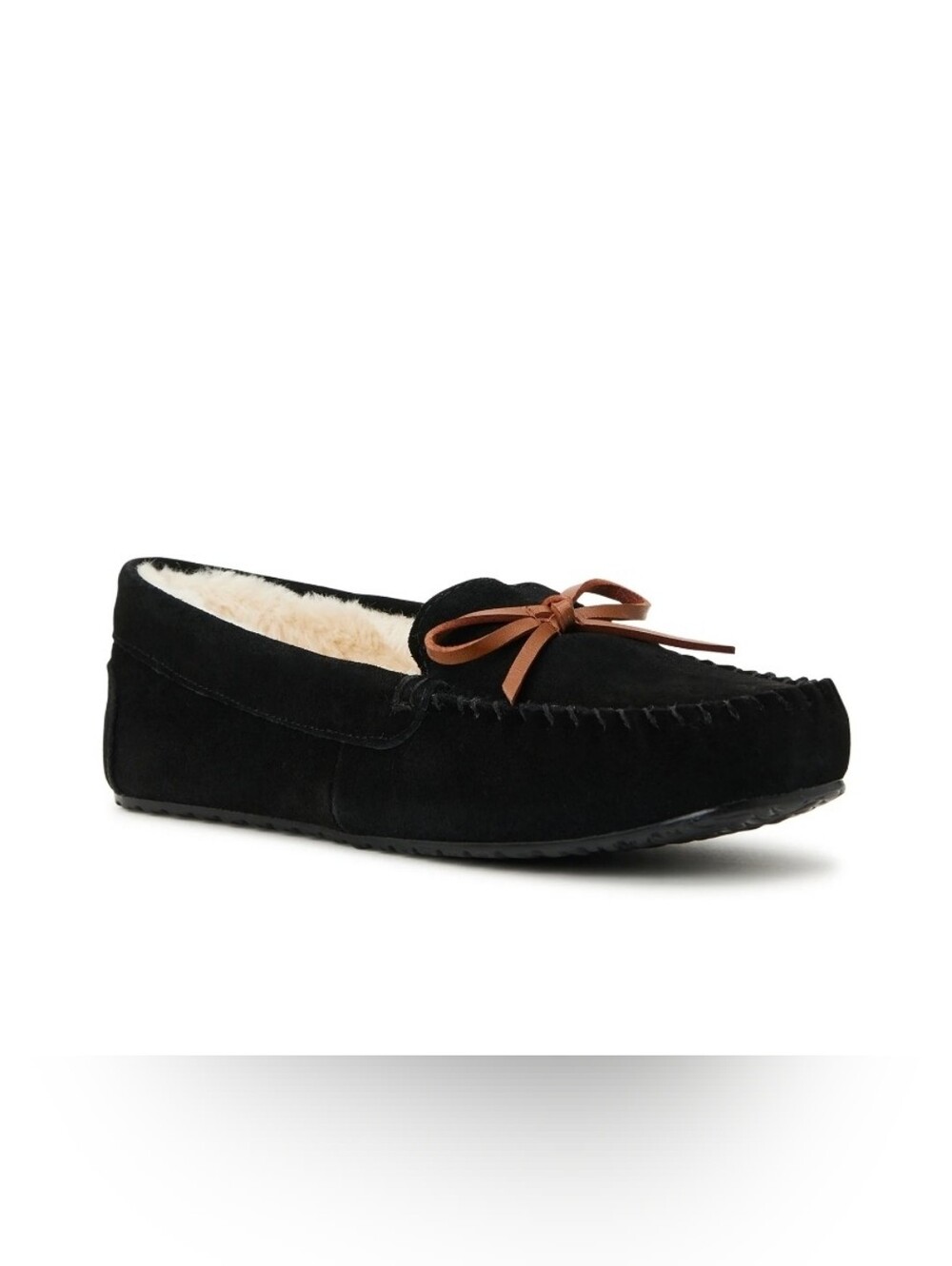 Women's Black Suede Moccasin Slippers with Bow. T17